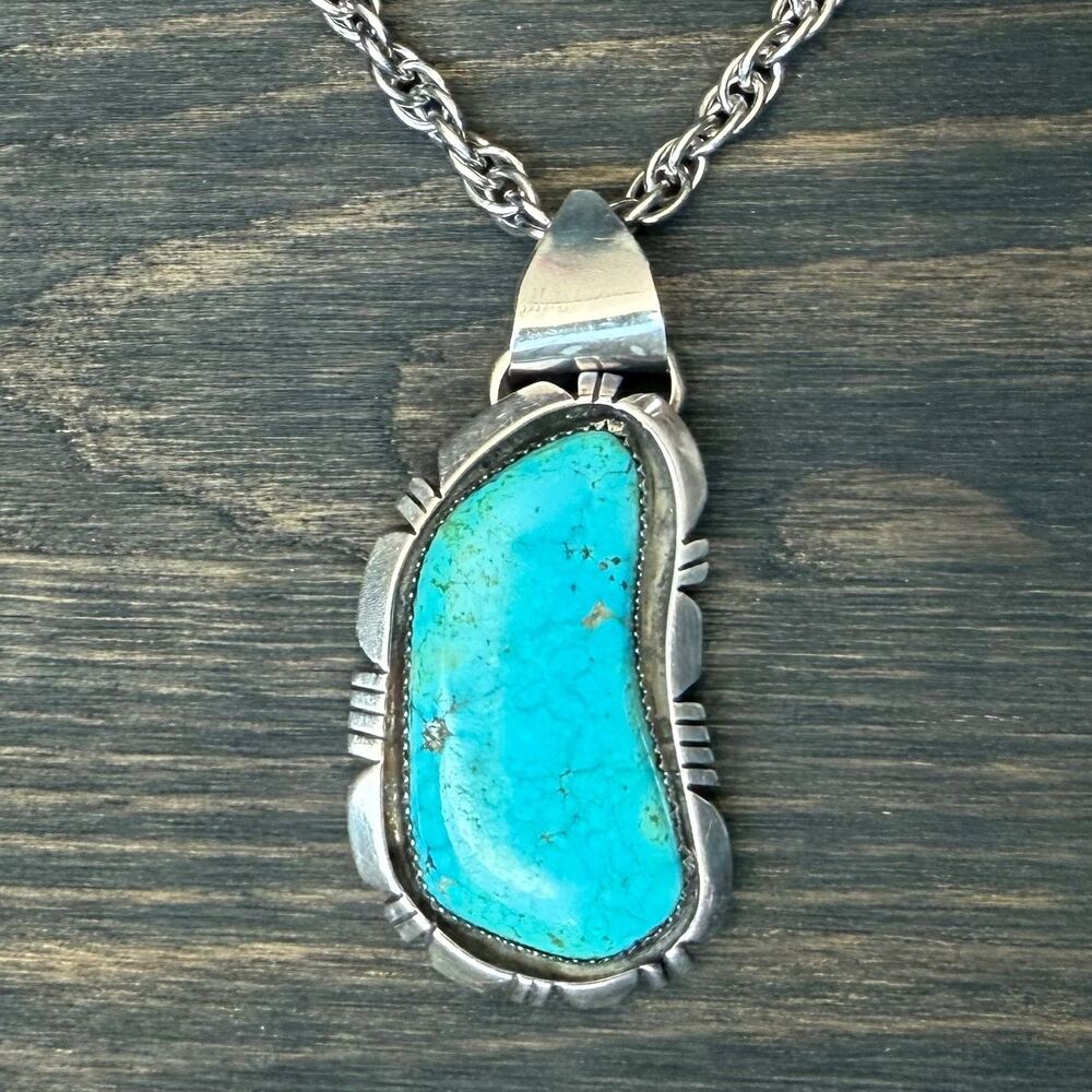 Navajo Sterling Silver Turquoise Pendant Necklace 32" Rope Chain 74g Large Heavy
